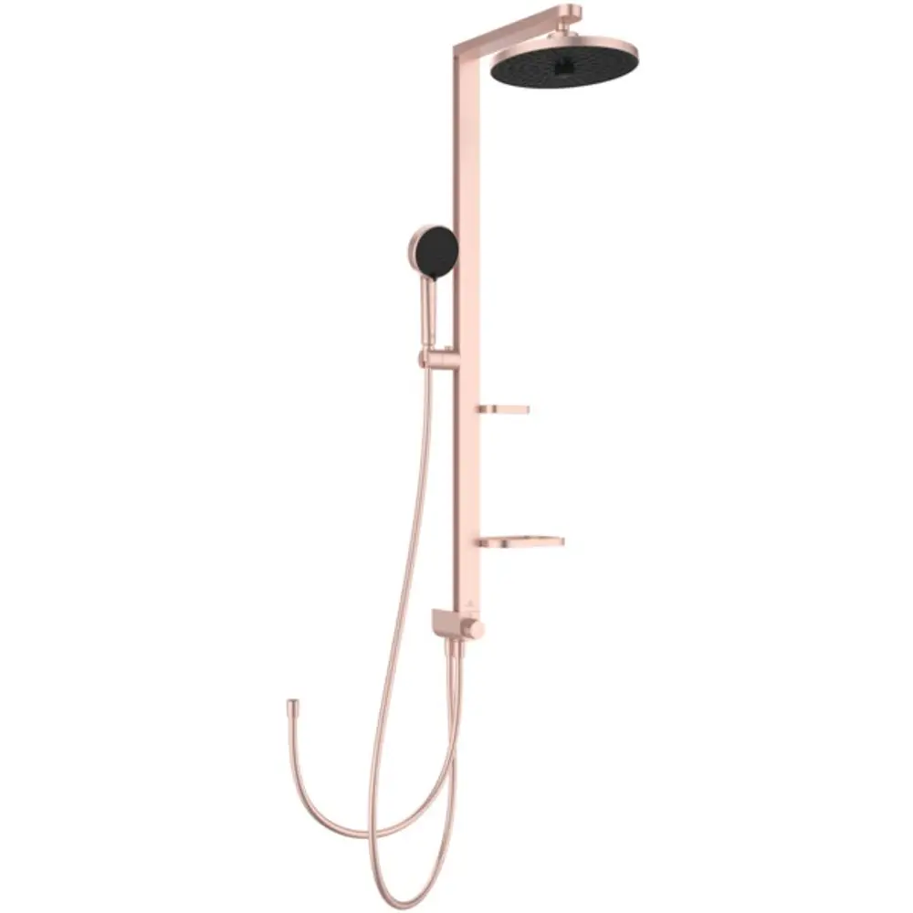 Duschsystem von Ideal Standard mit Handbrause, Kopfbrause und zwei Ablagen, in rosa Metalloptik, wandmontiert.